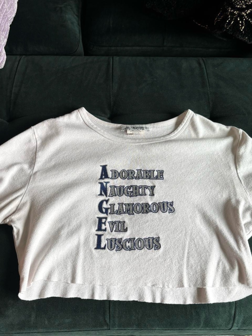 Y2K White Cropped Tee with Navy 'ANGEL' Glitter Graphic
